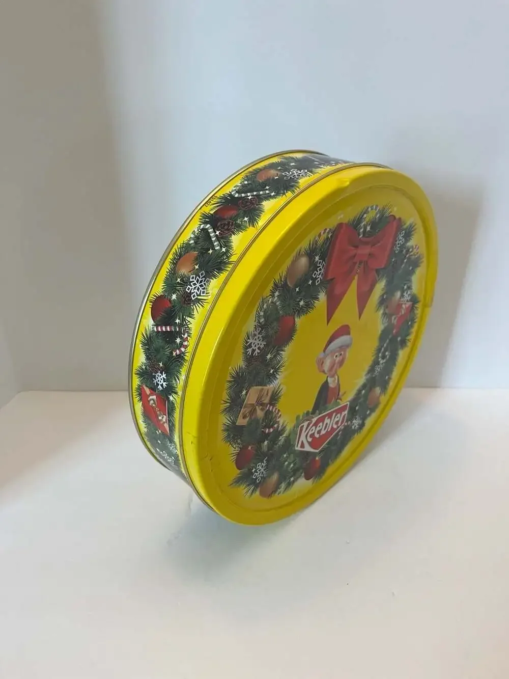 Keebler Holiday Cookie Tin Round Metal Container with Elf Graphic